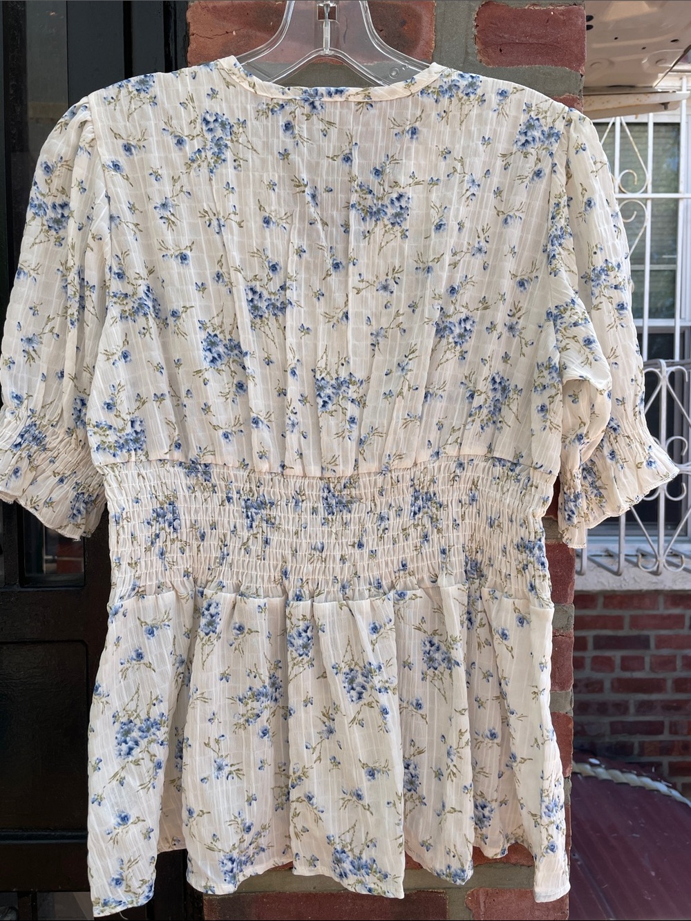 Floral Lace-Trim Peplum Blouse in Cream and Blue - Picture 4 of 6